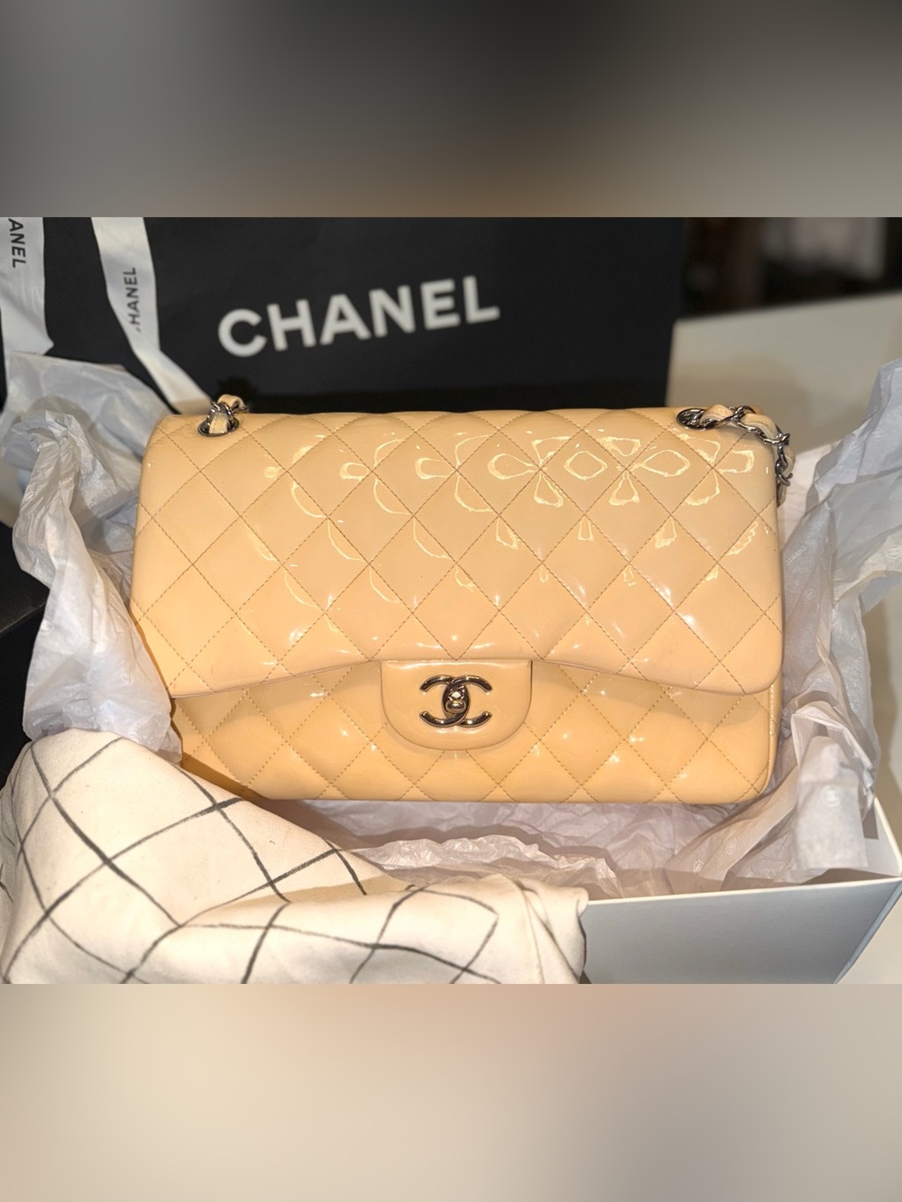 CHANEL Jumbo Classic Double Flap Patent Leather Bag in Beige Pink w Silver